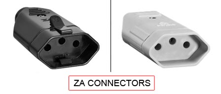 ZA Connectors are used in South Africa.

<br><font color="yellow">*</font> Additional ZA Electrical Devices:

<br><font color="yellow">*</font> <a href="https://internationalconfig.com/icc6.asp?item=ZA-PLUGS" style="text-decoration: none">ZA Plugs</a>  

<br><font color="yellow">*</font> <a href="https://internationalconfig.com/icc6.asp?item=ZA-OUTLETS" style="text-decoration: none">ZA Outlets</a> 

<br><font color="yellow">*</font> <a href="https://internationalconfig.com/icc6.asp?item=ZA-POWER-CORDS" style="text-decoration: none">ZA Power Cords</a> 

<br><font color="yellow">*</font> <a href="https://internationalconfig.com/icc6.asp?item=ZA-POWER-STRIPS" style="text-decoration: none">ZA Power Strips</a>

<br><font color="yellow">*</font> <a href="https://internationalconfig.com/icc6.asp?item=ZA-ADAPTERS" style="text-decoration: none">ZA Adapters</a>

<br><font color="yellow">*</font> <a href="https://internationalconfig.com/worldwide-electrical-devices-selector-and-electrical-configuration-chart.asp" style="text-decoration: none">Worldwide Selector. All Countries by TYPE.</a>

<br>View examples of ZA connectors below.